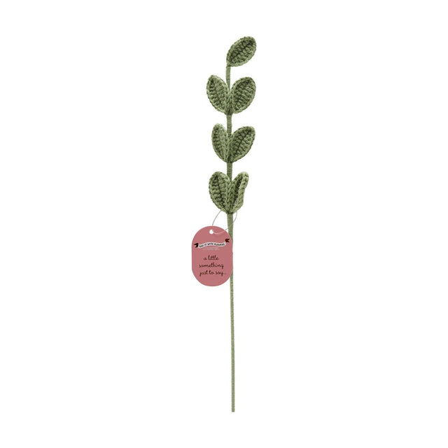 Single stem crochet leaves ornament, 39cm, with seven green crocheted leaves along a slim stem, shown with a pink tag on a plain white background.