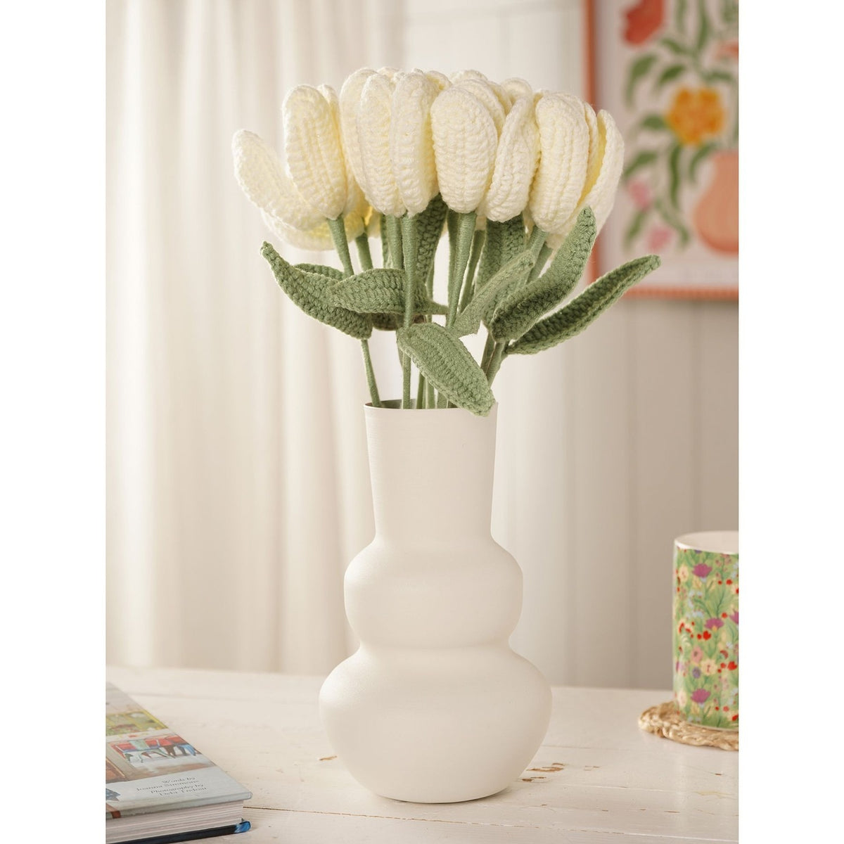 Crochet Tulip Stem Ornament with Leaf 36cm - Cream & Green