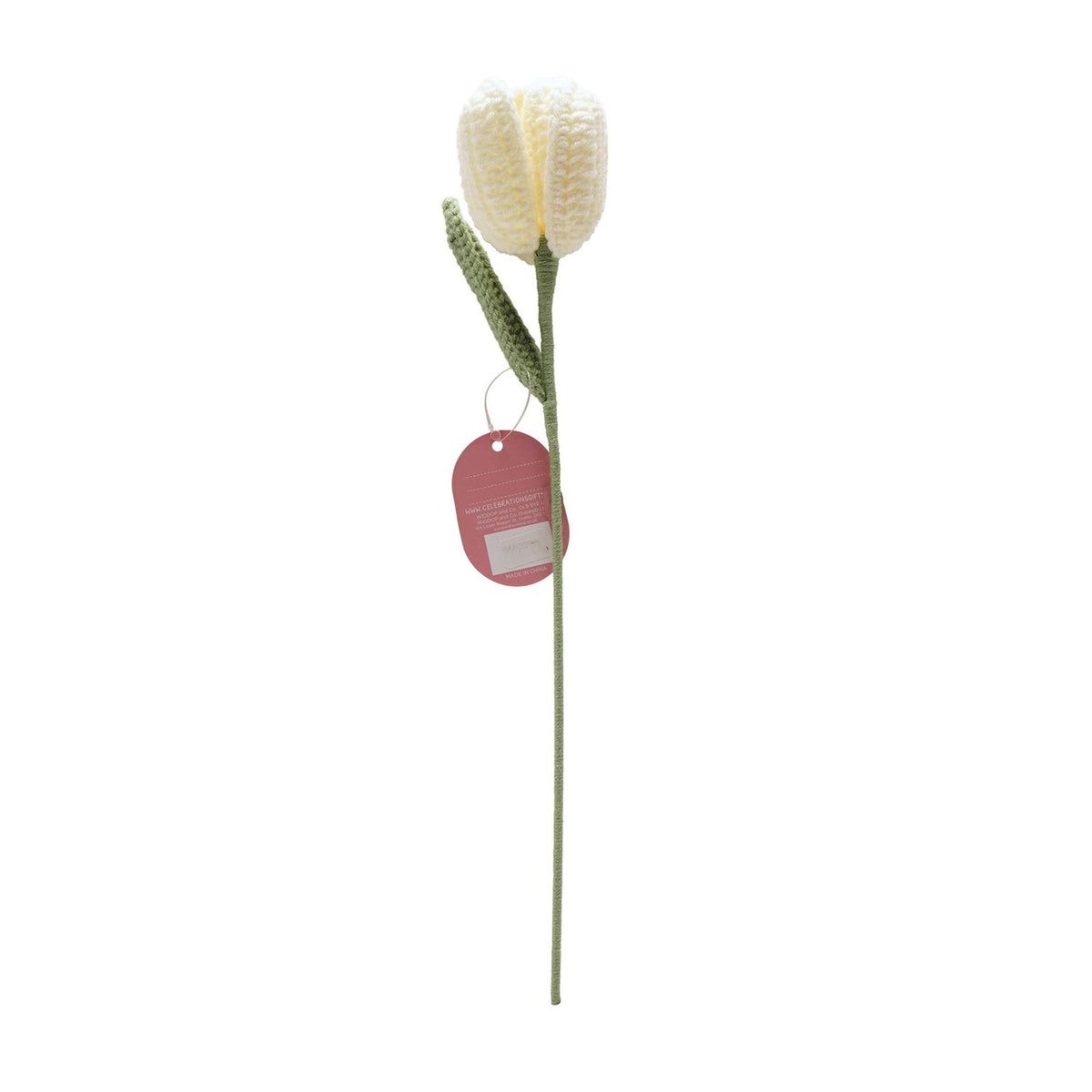 Crochet Tulip Stem Ornament with Leaf 36cm - Cream & Green