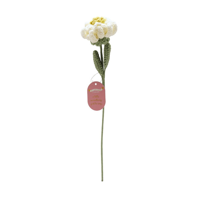 Single Stem Crochet Peony Ornament, 35cm, with curled white petals, yellow centre and green leaves on a slender green stem, shown against a plain white background.