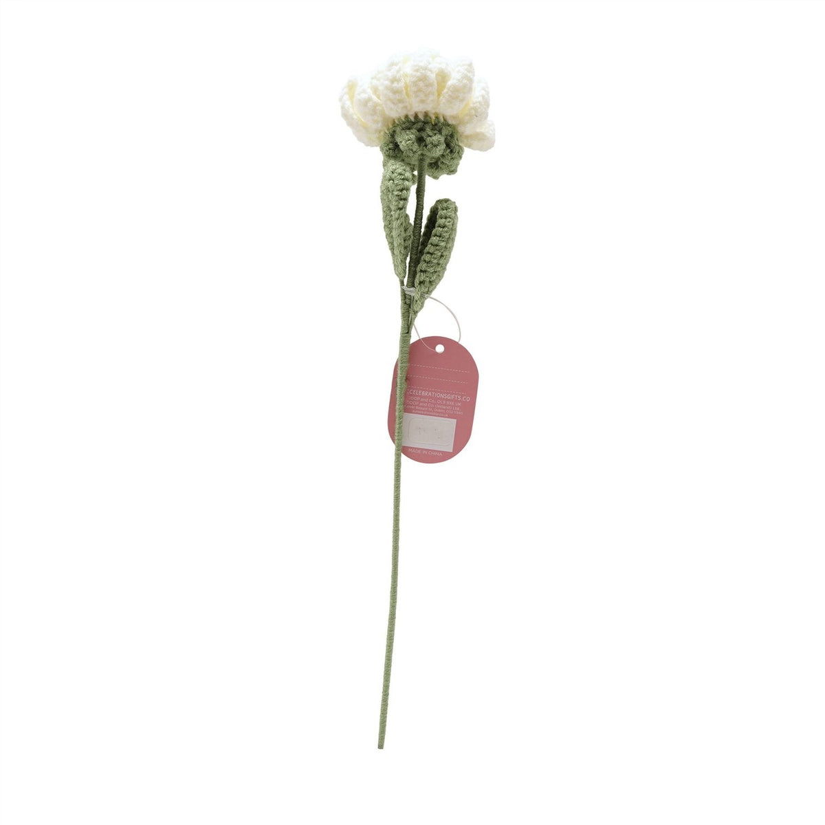Single stem crochet peony ornament, 35cm, with curled white petals, yellow centre, green crochet cup and two leaves on a slender stem, shown with hang tag on a white background.