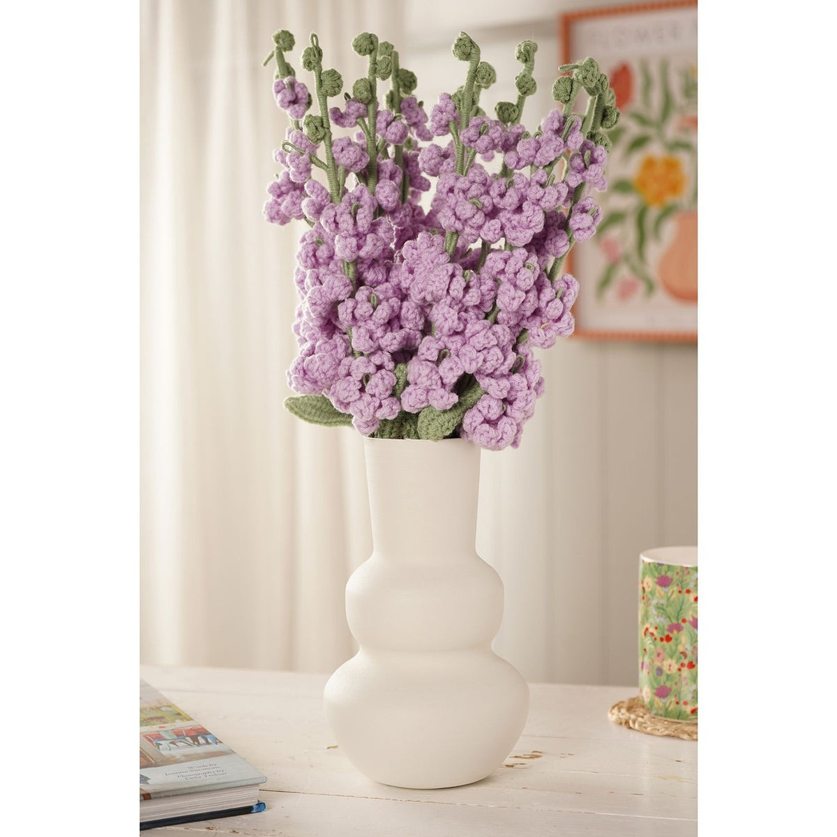 Crochet Foxglove Stem Ornament with Green Leaf 35cm - Purple