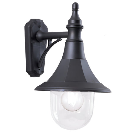 The Shannon 1 Light Outdoor Down Wall Light in black features a conical shade and clear glass cover, highlighting a visible bulb. This corrosion-proof fixture has an IP44 rating and a classic design with a mounting plate and curved arm, making it ideal for exterior lighting.