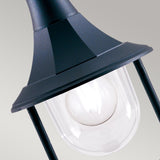 Close-up of the Shannon 1 Light Pedestal in black, featuring a modern design with a clear glass dome and metal frame. Inside, a round bulb softly glows against a light gray background. Its IP44 rating ensures suitability for diverse weather conditions, while the corrosion-proof construction guarantees long-lasting appeal.
