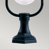 Close-up of the Shannon 1 Light Pedestal in black, featuring an elegant, curved design and a square foundation against a neutral background. The partial view of the globe-shaped lamp at the top highlights its IP44 rating for corrosion-proof durability.