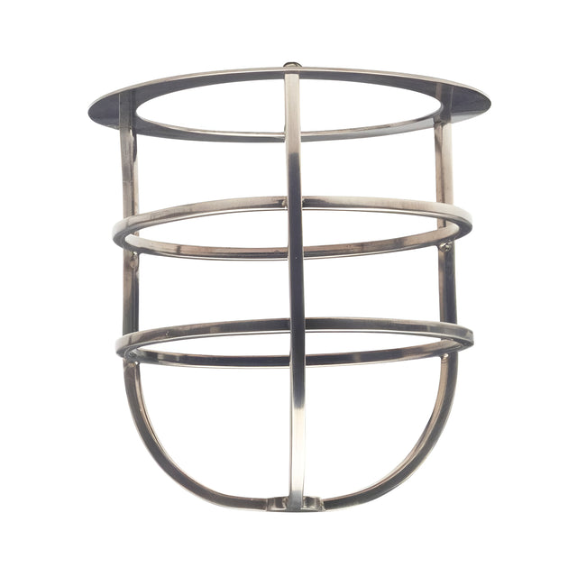 This antique nickel cage accessory for Sheldon & Somerton showcases a sleek modern lighting design, featuring a circular frame with intersecting horizontal and vertical bars. It envelops a central point to function as lantern protection when installed over a light bulb.