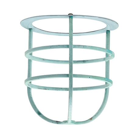 A vintage-style verdigris metal cage accessory from Sheldon & Somerton, featuring horizontal and vertical bars that form a protective grid around a circular space for a bulb, with a slightly weathered finish.