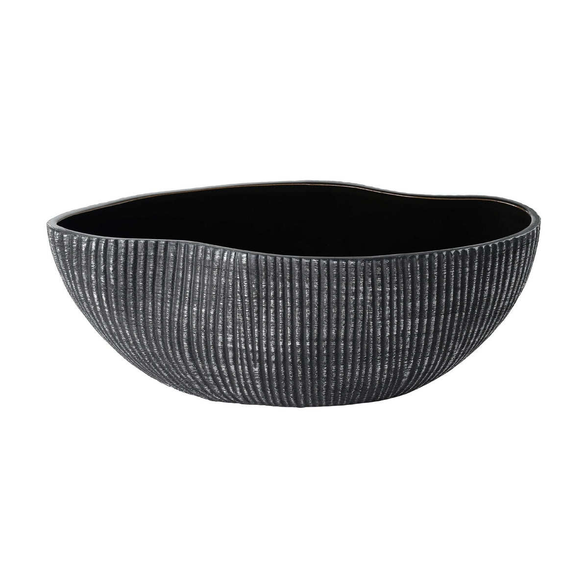 Shiguhe ceramic decorative bowl with an oval, wavy rim and fine vertical ribbing in black and silver, glossy black interior, on a plain white background.