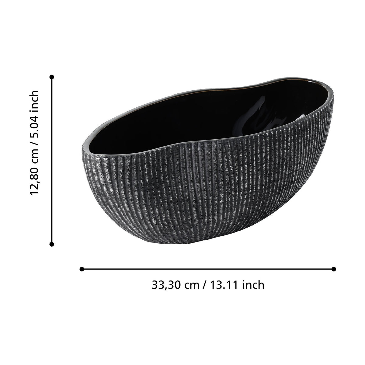 Shiguhe ceramic decorative bowl with oval wavy rim, black ribbed exterior touched with silver, and glossy black interior, shown with dimension markings on a white background.