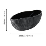 Shiguhe ceramic decorative bowl with oval wavy rim, black ribbed exterior touched with silver, and glossy black interior, shown with dimension markings on a white background.