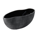 Shiguhe ceramic decorative bowl with an oval, wavy rim and glossy black interior, its exterior finely ribbed in black and silver, shown on a plain white background.