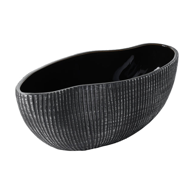 Shiguhe ceramic decorative bowl with an oval, wavy rim and glossy black interior, its exterior finely ribbed in black and silver, shown on a plain white background.