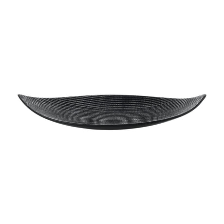 Shiguhe ceramic decorative plate, long leaf shape with upturned pointed tips, fine ribbed inner face in black and silver, smooth black exterior, on a plain white background.