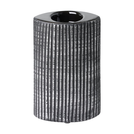 Shiguhe ceramic tealight holder, 16.5cm cylindrical body with fine vertical ribs in a black and silver dry-brushed finish, glossy black recessed top, on a plain white background.