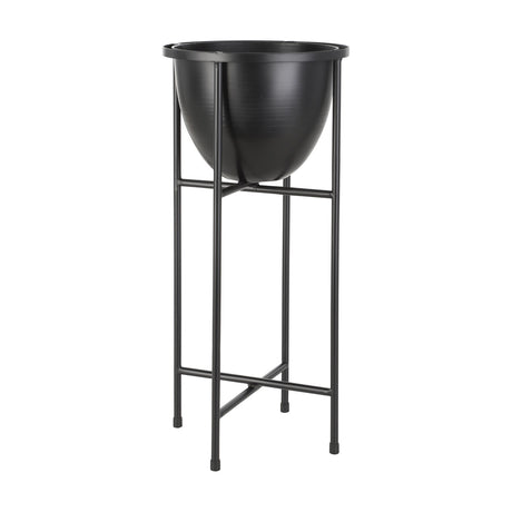 Shikabe Metal Plant Stand in black, featuring a round tapering bowl with a flat rim on a slim four-legged tubular frame with two cross-braces, shown on a plain white background.