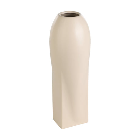Shima ceramic vase in matt beige, tall tapered form with a rounded shoulder, twisted lower body, squared base, and small round opening, shown against a plain white background.