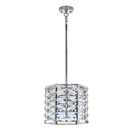 The Shoal 1 Light Pendant - Polished Nickel features a modern design with its geometric, crystal-like shade hanging from a polished nickel rod and ceiling mount. Its layered clear glass panels produce a prism effect, adding a touch of contemporary elegance.