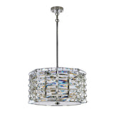 The Shoal 4 Light Chandelier in Polished Nickel is a luxury piece with a cylindrical design. It features a sleek silver metal frame embellished with geometric crystal accents, elegantly suspended from a silver chain. This chandelier casts mesmerizing prismatic reflections that elevate any space into an arena of sophistication.