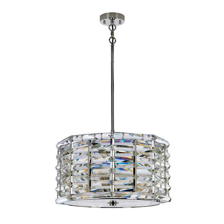 The Shoal 4 Light Chandelier in Polished Nickel is a luxury piece with a cylindrical design. It features a sleek silver metal frame embellished with geometric crystal accents, elegantly suspended from a silver chain. This chandelier casts mesmerizing prismatic reflections that elevate any space into an arena of sophistication.