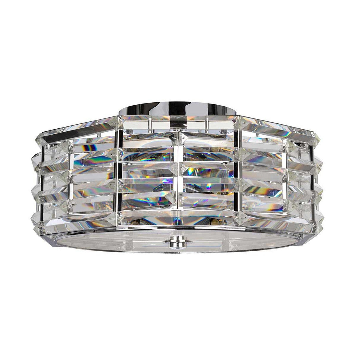 The Shoal 4 Light Flush - Polished Nickel ceiling fixture features intertwining crystals in a geometric pattern that elegantly reflect light, enhancing its modern ambiance with a round design and clear crystal panels.