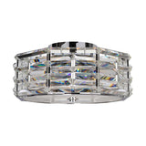 The Shoal 4 Light Flush - Polished Nickel ceiling fixture features intertwining crystals in a geometric pattern that elegantly reflect light, enhancing its modern ambiance with a round design and clear crystal panels.
