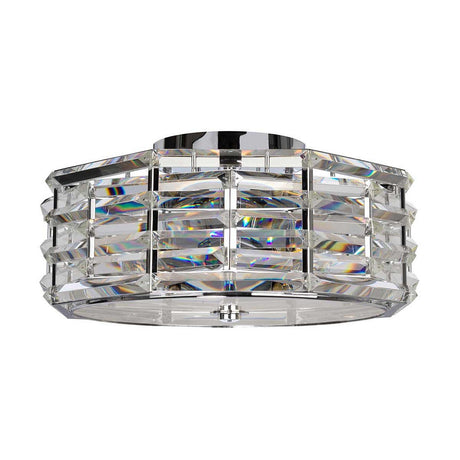 The Shoal 4 Light Flush - Polished Nickel ceiling fixture features intertwining crystals in a geometric pattern that elegantly reflect light, enhancing its modern ambiance with a round design and clear crystal panels.