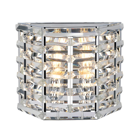 The Shoal 2 Light Wall Light - Polished Nickel is a sophisticated fixture featuring a sleek, modern frame adorned with intertwining crystals. Its geometric design includes multiple clear prisms that beautifully reflect light from the two internal bulbs, creating an elegant and dazzling ambiance.