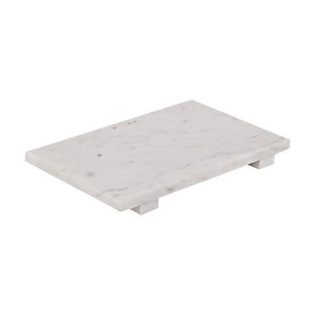 Siayan Marble Tray in white with soft grey veining, a rectangular flat top on two block feet, shown on a plain white background.