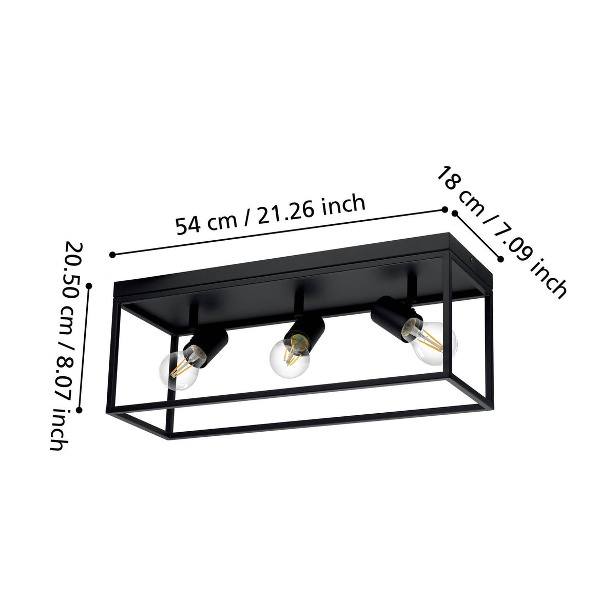 Silentina 3 Light Ceiling Light in black steel, open rectangular frame with three adjustable E27 spotlight heads, shown with dimension labels on a white background.