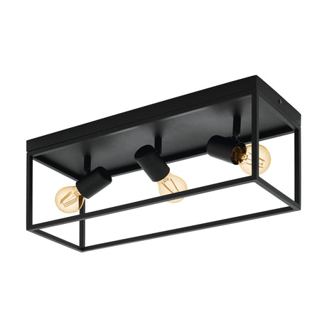 Silentina 3 Light Ceiling Light in black steel, an open rectangular frame with three adjustable E27 spotlight heads on a flush ceiling plate, shown on a plain white background.