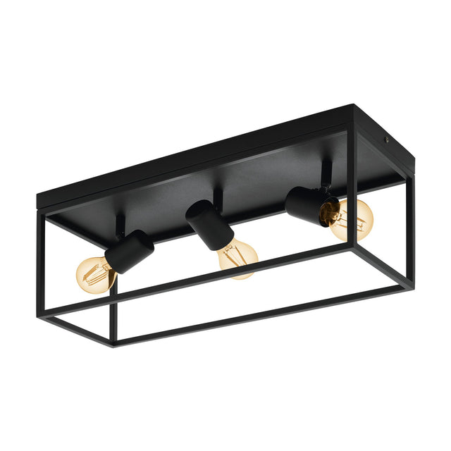 Silentina 3 Light Ceiling Light in black steel, an open rectangular frame with three adjustable E27 spotlight heads on a flush ceiling plate, shown on a plain white background.