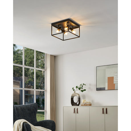 Silentina 4 Light Ceiling Light in black steel with an open square frame and four E27 bulbs, fitted flush to a white ceiling in a living room setting.