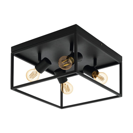 Silentina 4 Light Ceiling Light in black steel, open square frame flush to ceiling with four E27 lampholders and visible bulbs, shown on a plain white background.