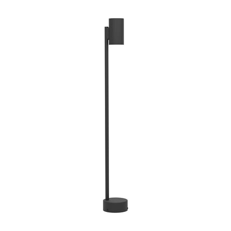 Silvessa Bollard Light in black steel, a slim outdoor post light with a cylindrical GU10 head offset atop a tall pole and round base, shown on a plain white background.