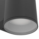 Close-up of the Silvessa Outdoor Wall Light in black steel, showing the cylindrical downlight head with white diffuser lens, set against a plain background.