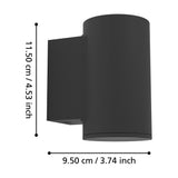 Silvessa black steel cylindrical outdoor wall light on a square backplate, shown with dimensions 11.50cm height and 9.50cm projection, on a white background.