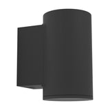 Silvessa Outdoor Wall Light in black steel, a cylindrical fixture on a square backplate with downward-facing lens, shown on a plain white background.