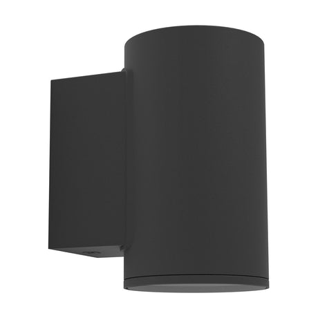 Silvessa Outdoor Wall Light in black steel, a cylindrical fixture on a square backplate with downward-facing lens, shown on a plain white background.