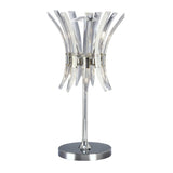 The Sinclair 4 Light Crystal Table Lamp features a polished chrome base and a decorative clear acrylic shade with curved, blade-like accents for striking contemporary style and sculptural lighting.