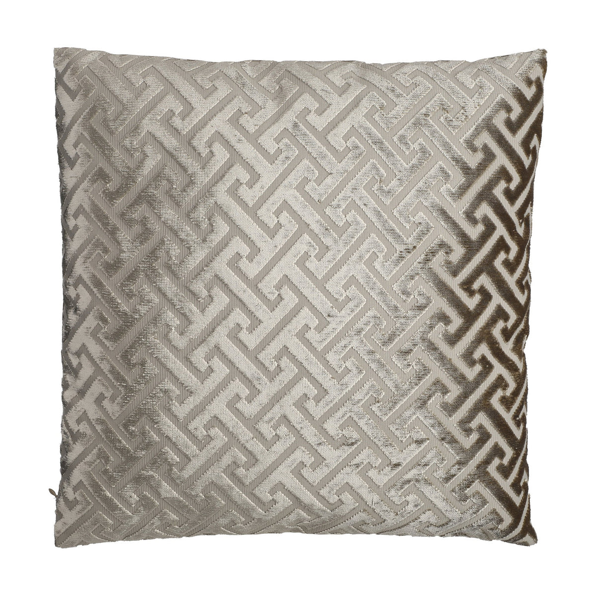 Singu Cushion in beige with an interlocking geometric fret pattern in raised velvety pile against a flatter woven ground, shown on a plain white background.