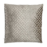 Singu Cushion in beige with an interlocking geometric fret pattern in raised velvety pile against a flatter woven ground, shown on a plain white background.
