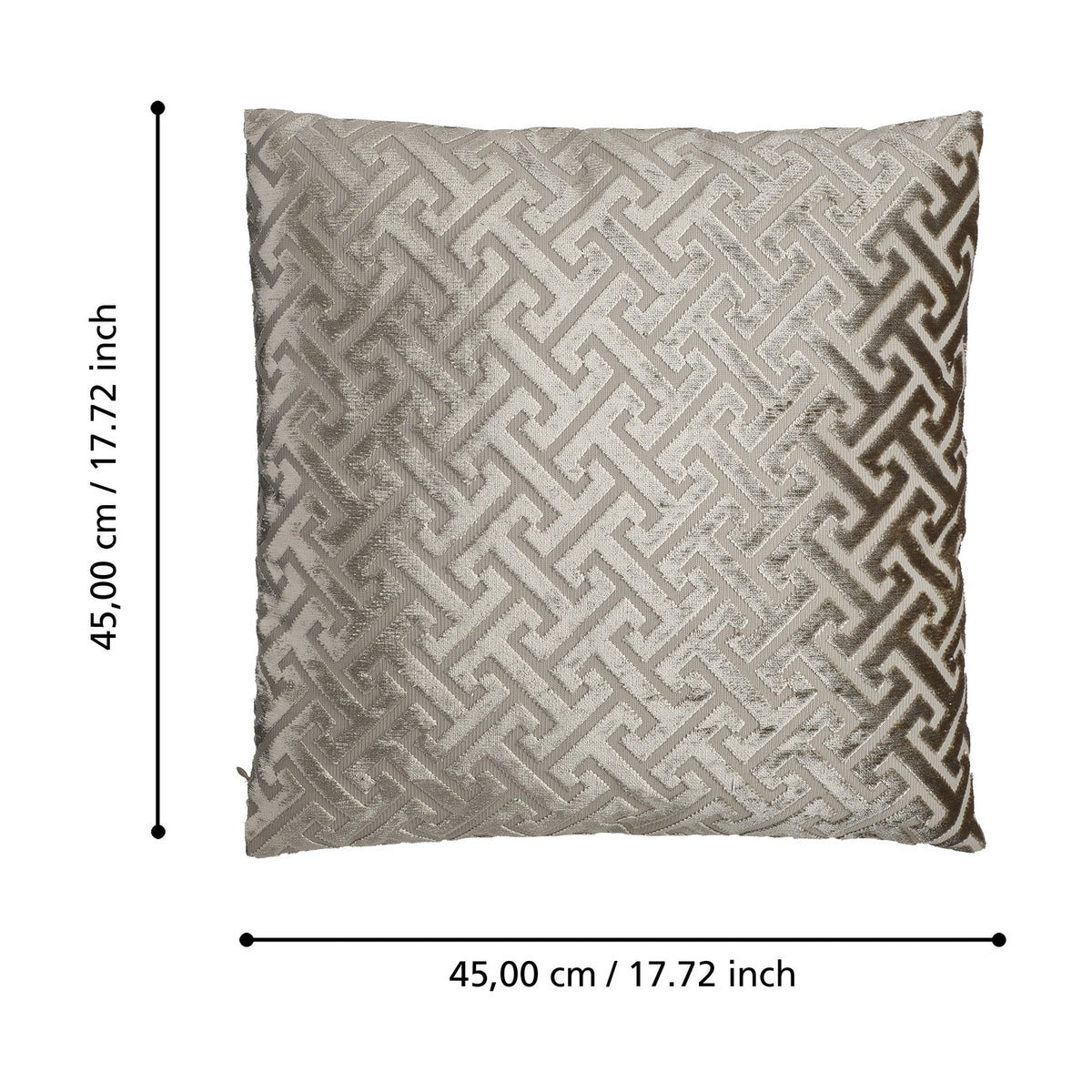 Singu Cushion in beige with a raised velvety geometric fret pattern on a flatter woven ground, square shape, shown with dimension markers of 45 x 45 cm on a white background.