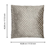 Singu Cushion in beige with a raised velvety geometric fret pattern on a flatter woven ground, square shape, shown with dimension markers of 45 x 45 cm on a white background.