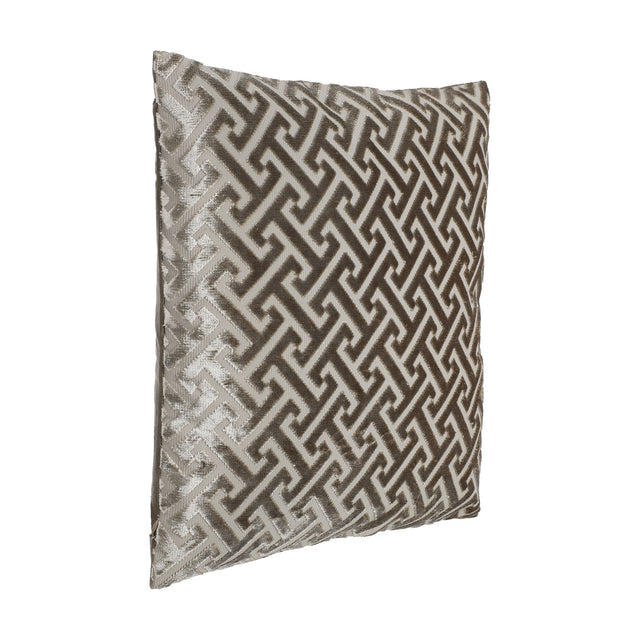 Singu Cushion in beige and brown with a raised geometric fret pattern on a woven ground, shown at an angle against a plain white background.