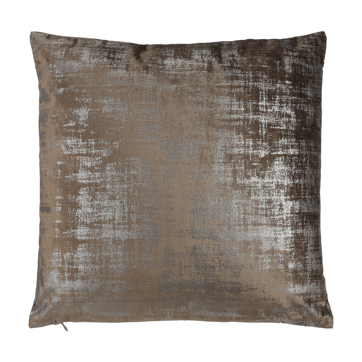 Singu square cushion in brown with a distressed silver metallic pattern and soft sheen, 45cm x 45cm polyester cover, shown on a plain white background.