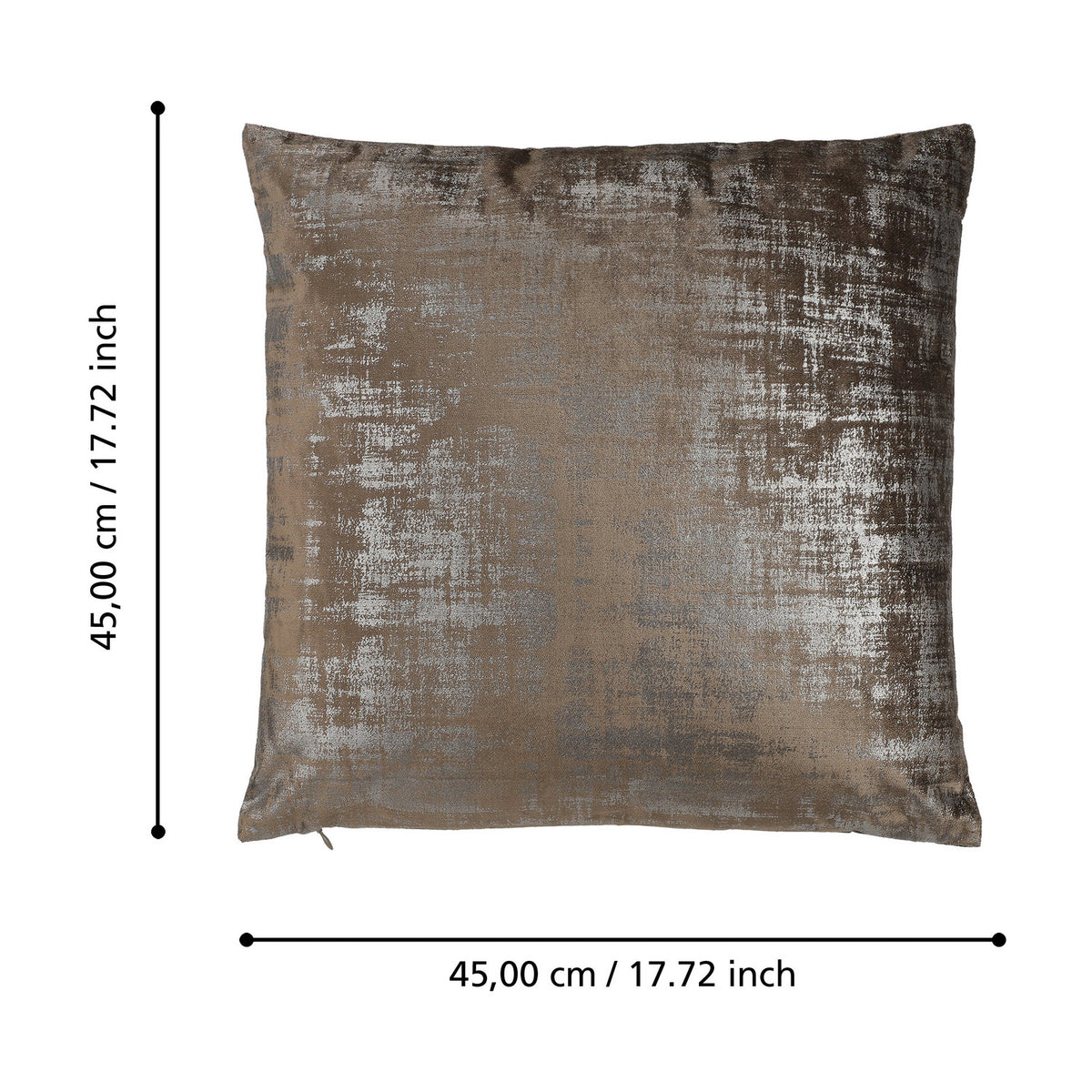 Singu square cushion in brown with a distressed silver metallic pattern, 100% polyester cover, shown on a white background with size diagram, 45x45cm.
