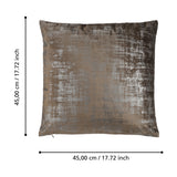 Singu square cushion in brown with a distressed silver metallic pattern, 100% polyester cover, shown on a white background with size diagram, 45x45cm.