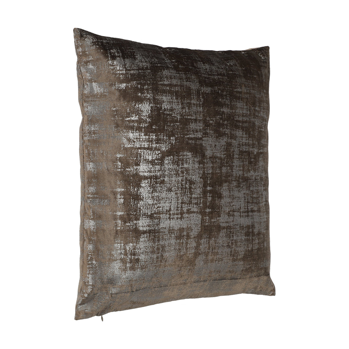 Singu Cushion in brown with a distressed silver metallic pattern, square 45cm polyester cover shown at an angle on a plain white background.