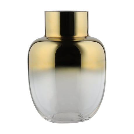 Siranana Glass Vase with a round body and short cylindrical neck, mirrored gold finish shading into clear glass towards the base, shown on a plain white background.