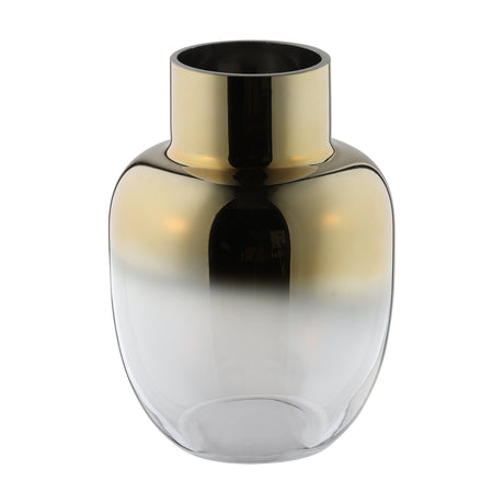 Siranana Glass Vase with a round body and short cylindrical neck, mirrored gold finish shading into clear glass towards the base, shown on a plain white background.